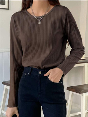 StreetWardrobe Self Design Women Round Neck Brown T-Shirt