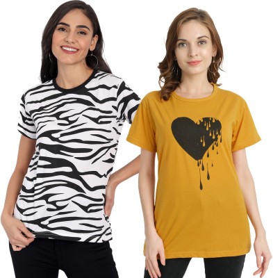 CHOZI Printed Women Round Neck White, Black, Yellow T-Shirt