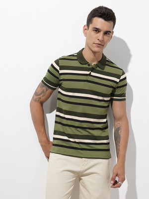 Roadster Striped Men Polo Neck Green T-Shirt