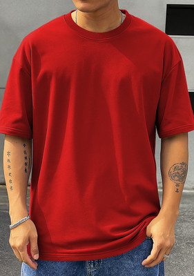 TripBroz Solid Men Round Neck Red T-Shirt