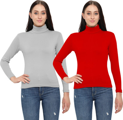 FASHA Solid Women High Neck Multicolor T-Shirt