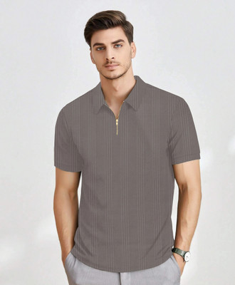 KAJARU Self Design Men Polo Neck Grey T-Shirt