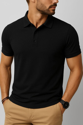ALAN Solid Men Polo Neck Black T-Shirt