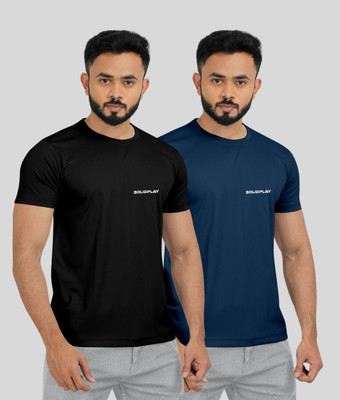 INDICLUB Self Design Men Round Neck Black, Blue T-Shirt