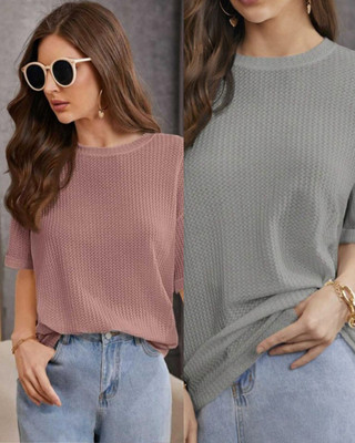 VDTREND Solid Women Round Neck Grey T-Shirt