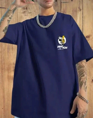 HouseOfCommon Printed, Typography Men Round Neck Navy Blue T-Shirt