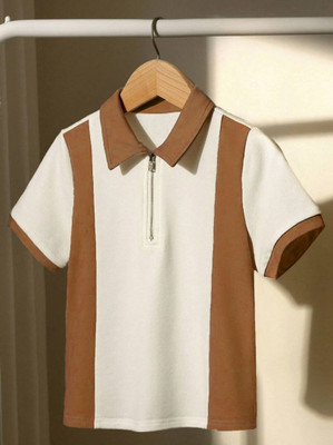 NB NICKY BOY Colorblock Men Zip Neck White, Brown T-Shirt