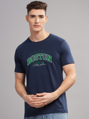 ADRO Printed Men Round Neck Navy Blue T-Shirt