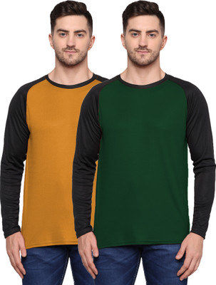 TQH Solid Men Round Neck Dark Green, Yellow T-Shirt