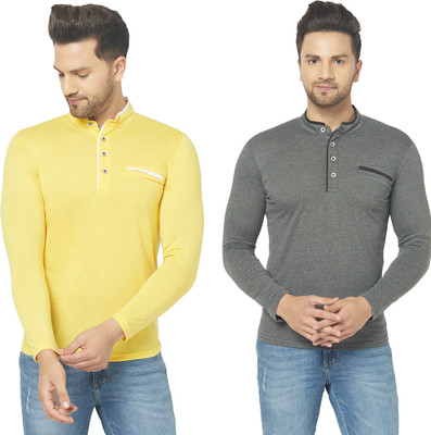 JB Jagoboy Solid Men Henley Neck Grey, Yellow T-Shirt
