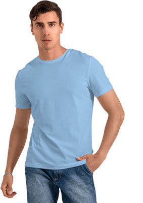 CONTENO Solid Men Round Neck Light Blue T-Shirt