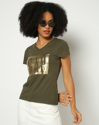 GAP Solid Women V Neck Dark Green T-Shirt