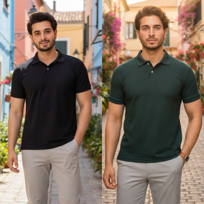 HILFIRE REGION Solid Men Polo Neck Black, Dark Green T-Shirt