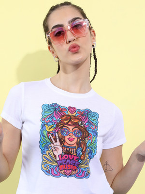 Tokyo Talkies Printed Women Round Neck White T-Shirt