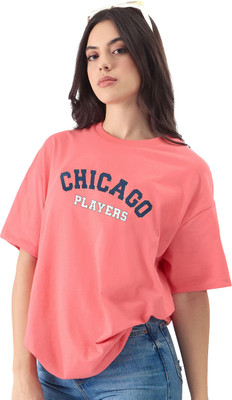 Patche Typography Women Round Neck Pink T-Shirt
