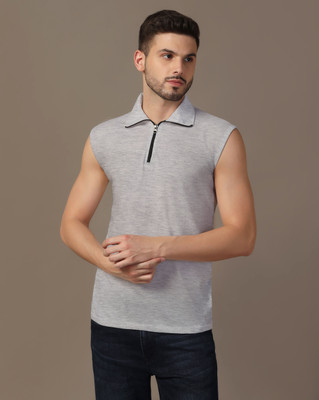 GEUM Solid Men Polo Neck Silver T-Shirt