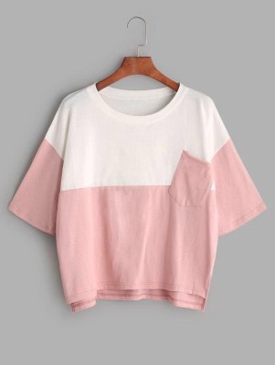 Bayfog Colorblock Women Round Neck Pink T-Shirt