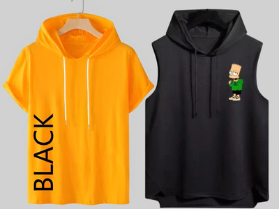 Mundali Graphic Print Men Hooded Neck Black, Orange T-Shirt