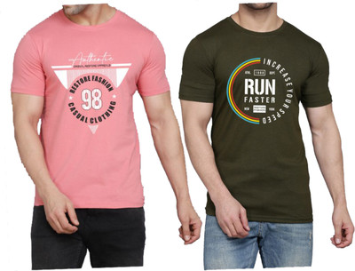 WOOSTRO Graphic Print Men Round Neck Pink, Dark Green T-Shirt