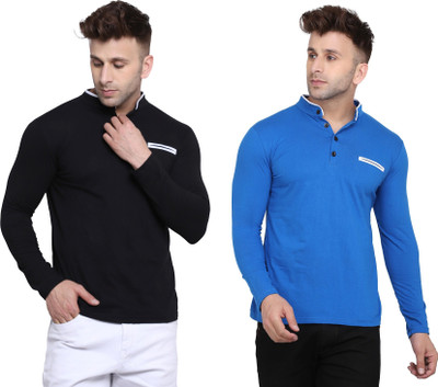 Money Leaf Solid Men Mandarin Collar Blue, Black T-Shirt
