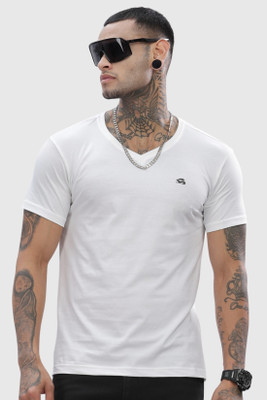 ADRO Solid Men V Neck White T-Shirt