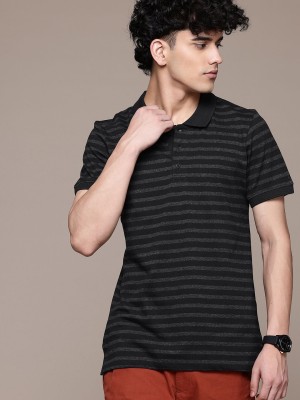 Roadster Striped Men Polo Neck Black T-Shirt