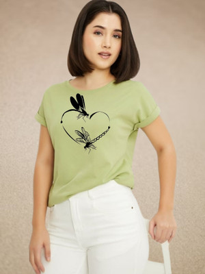 Parona Graphic Print Women Round Neck Green T-Shirt