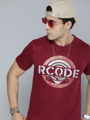 R.Code by The Roadster Life Co. Printed Men Round Neck Maroon T-Shirt