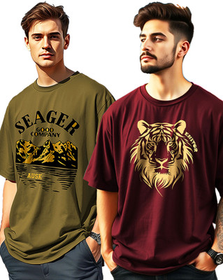 AUSK Printed Men Round Neck Maroon, Green T-Shirt