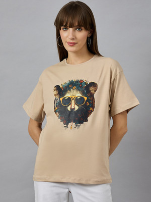 98 Degree North Printed Women Round Neck Beige T-Shirt
