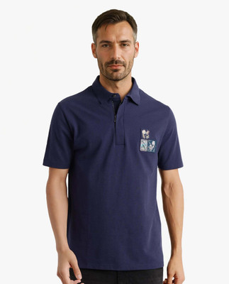 RARE RABBIT Printed Men Polo Neck Blue T-Shirt