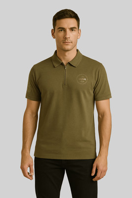 GO BIRDY Solid Men Polo Neck Dark Green T-Shirt