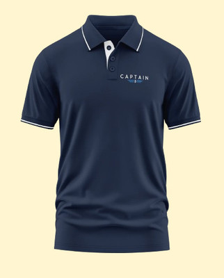 Warriorworld Typography Men Polo Neck Navy Blue T-Shirt