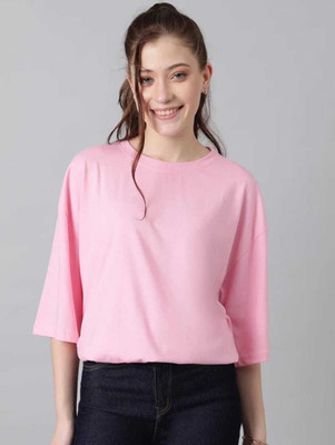 HouseOfCommon Solid Women Round Neck Pink T-Shirt