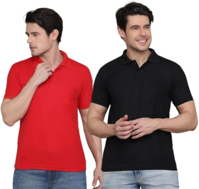 kapasiya Solid Men Polo Neck Red, Black T-Shirt