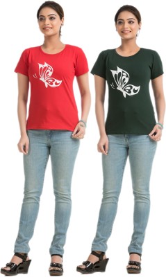 STYLE AK Solid Women Round Neck Red, Green T-Shirt