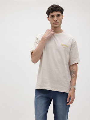Roadster Printed Men Round Neck Beige T-Shirt