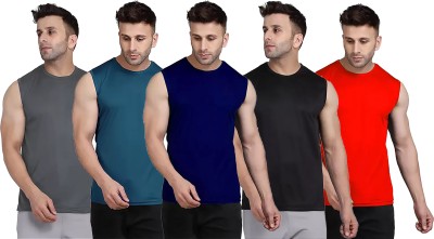 Renowned Solid Men Round Neck Grey, Blue, Dark Blue, Black, Red T-Shirt