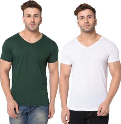 Adorbs Trend Solid Men V Neck White, Green T-Shirt