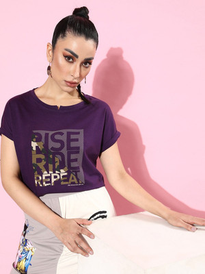 Roadster Typography Women Round Neck Purple T-Shirt