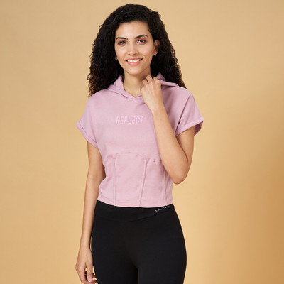 Ajile By Pantaloons Solid Women Hooded Neck Pink T-Shirt