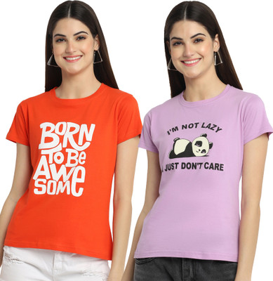 Fabflee Printed Women Round Neck Multicolor T-Shirt