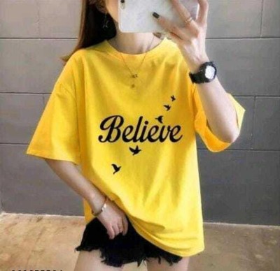 Datalact Printed, Typography Women Round Neck Yellow T-Shirt