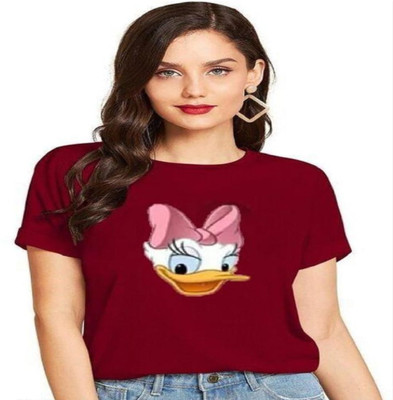 SAHAL Printed Women Round Neck Maroon T-Shirt