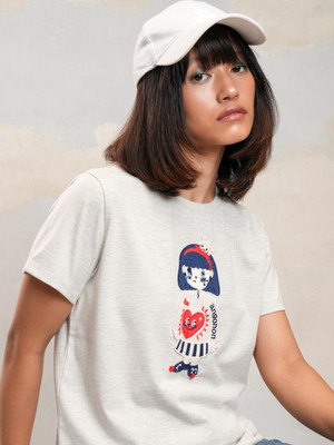 Tokyo Talkies Self Design Women Round Neck Grey T-Shirt