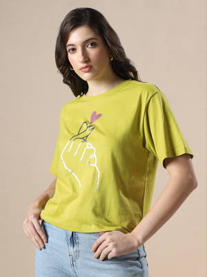 Globus Printed Women Round Neck Green T-Shirt