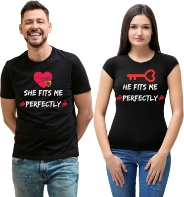LeZoir Printed, Graphic Print Couple Round Neck White T-Shirt