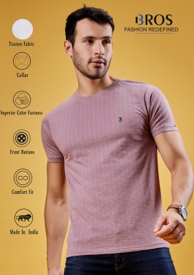 3BROS Solid Men Round Neck Pink T-Shirt