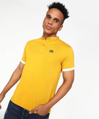 Pepe Jeans Solid Men Mandarin Collar Yellow T-Shirt