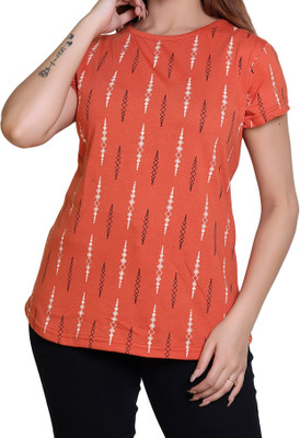 HouseOfCommon Printed Women Round Neck Orange T-Shirt